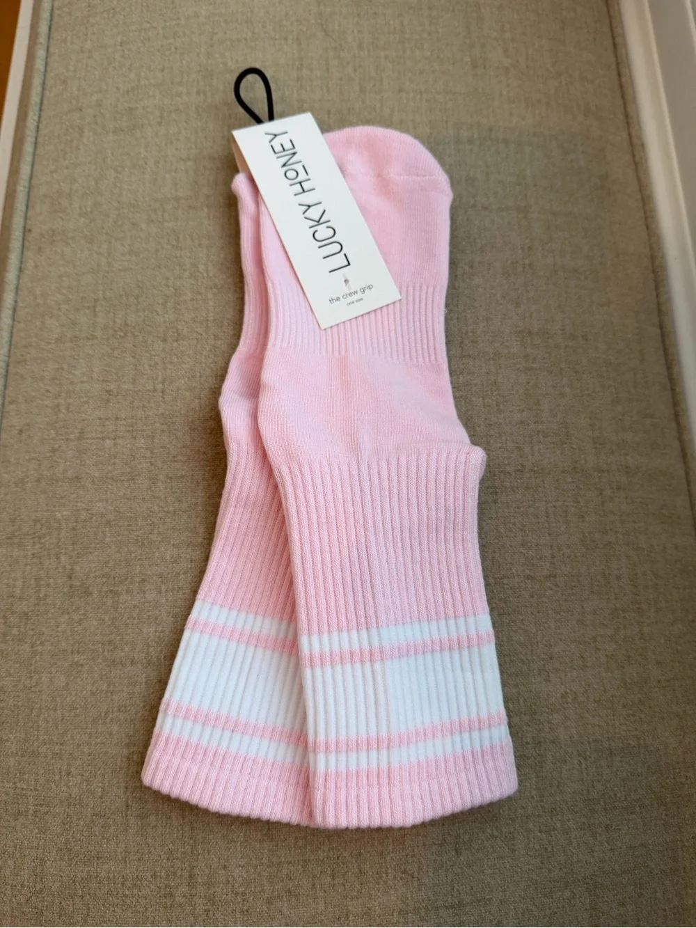 Lucky Honey Women’s The Crew Stripe Grip Pilates Socks in Pop Pink